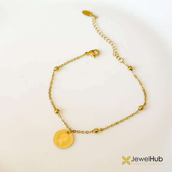 Gold Coin Charm Beaded Chain Bracelet