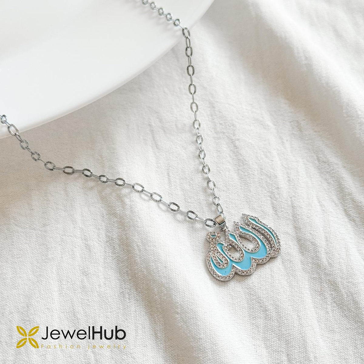 Silver Allah Calligraphy Pendant Necklace – Light Turquoise Enamel & Pavé Zircon