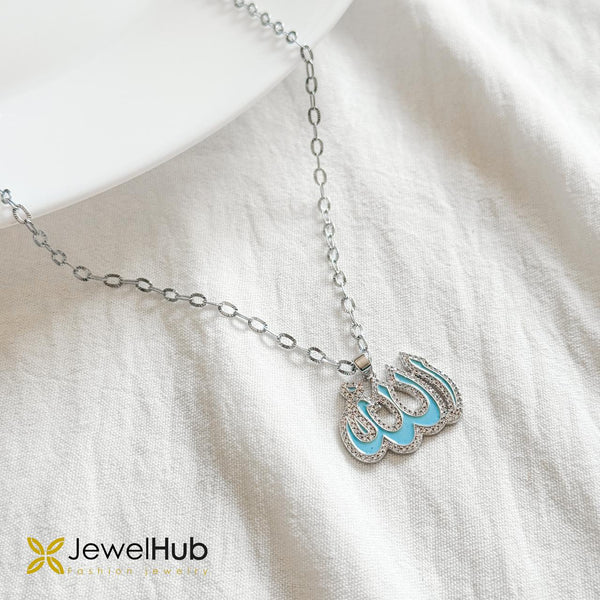 Silver Allah Calligraphy Pendant Necklace – Light Turquoise Enamel & Pavé Zircon