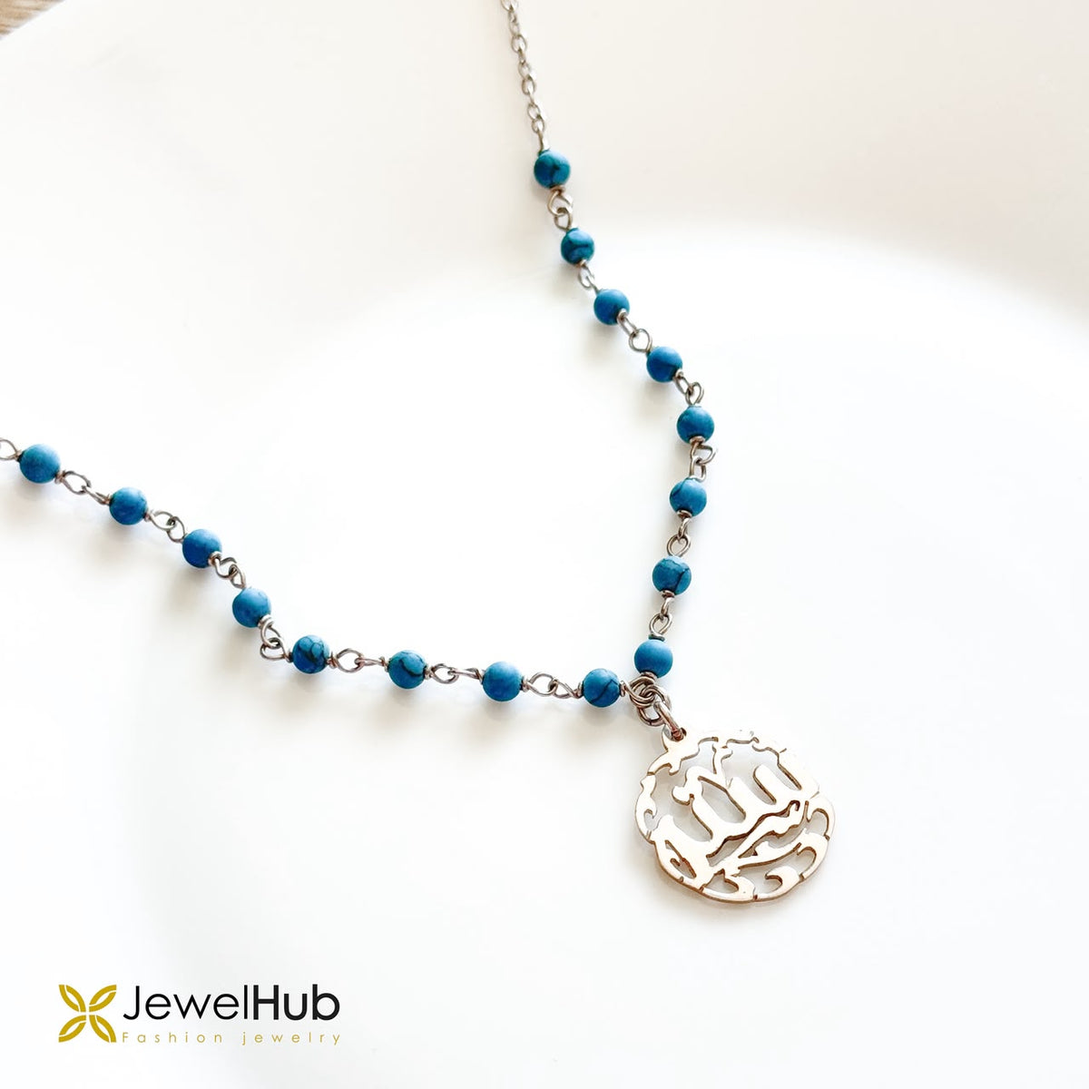 Arabic Calligraphy Pendant Necklace with Turquoise Stone ستر