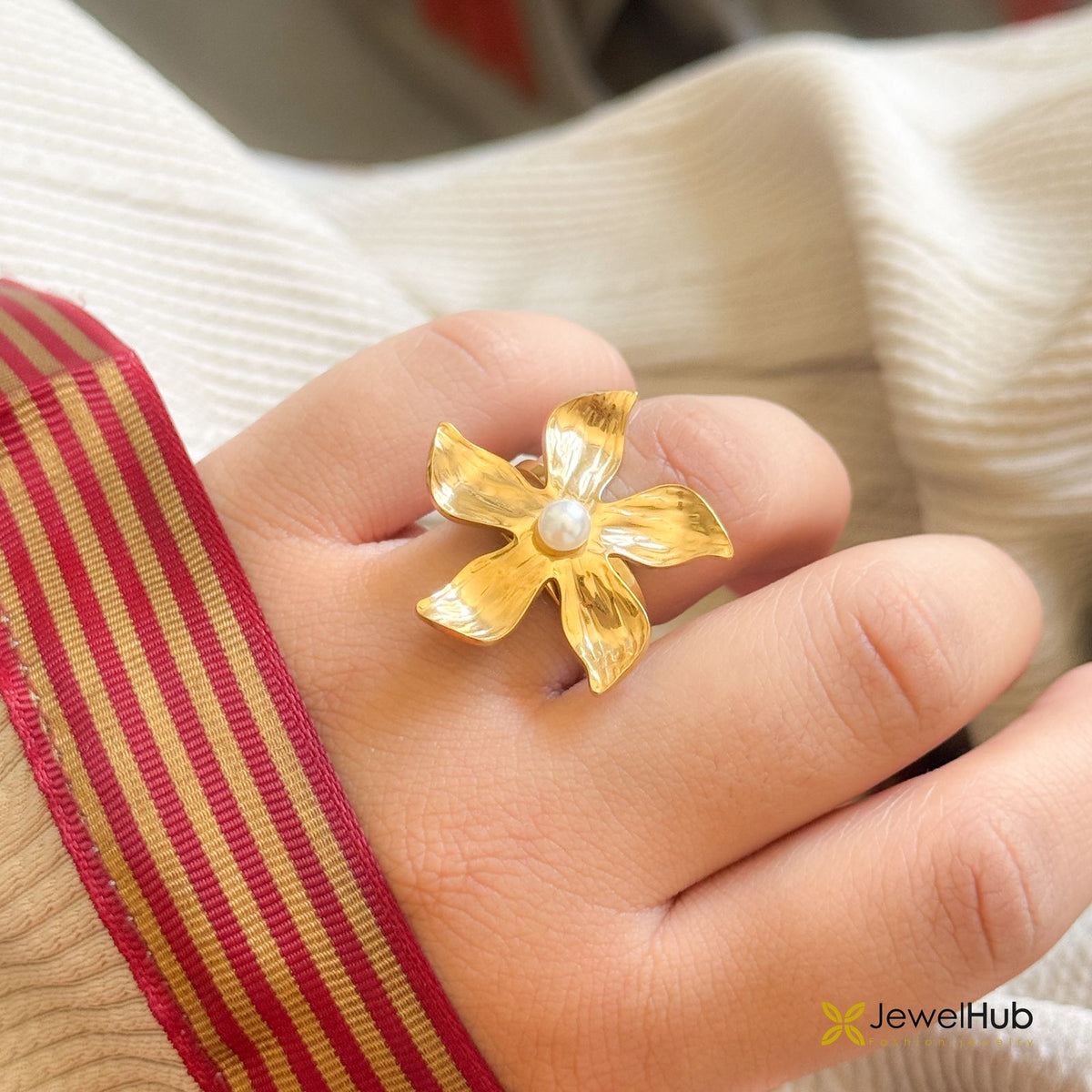 Gold Flower Ring with Center Pearl
