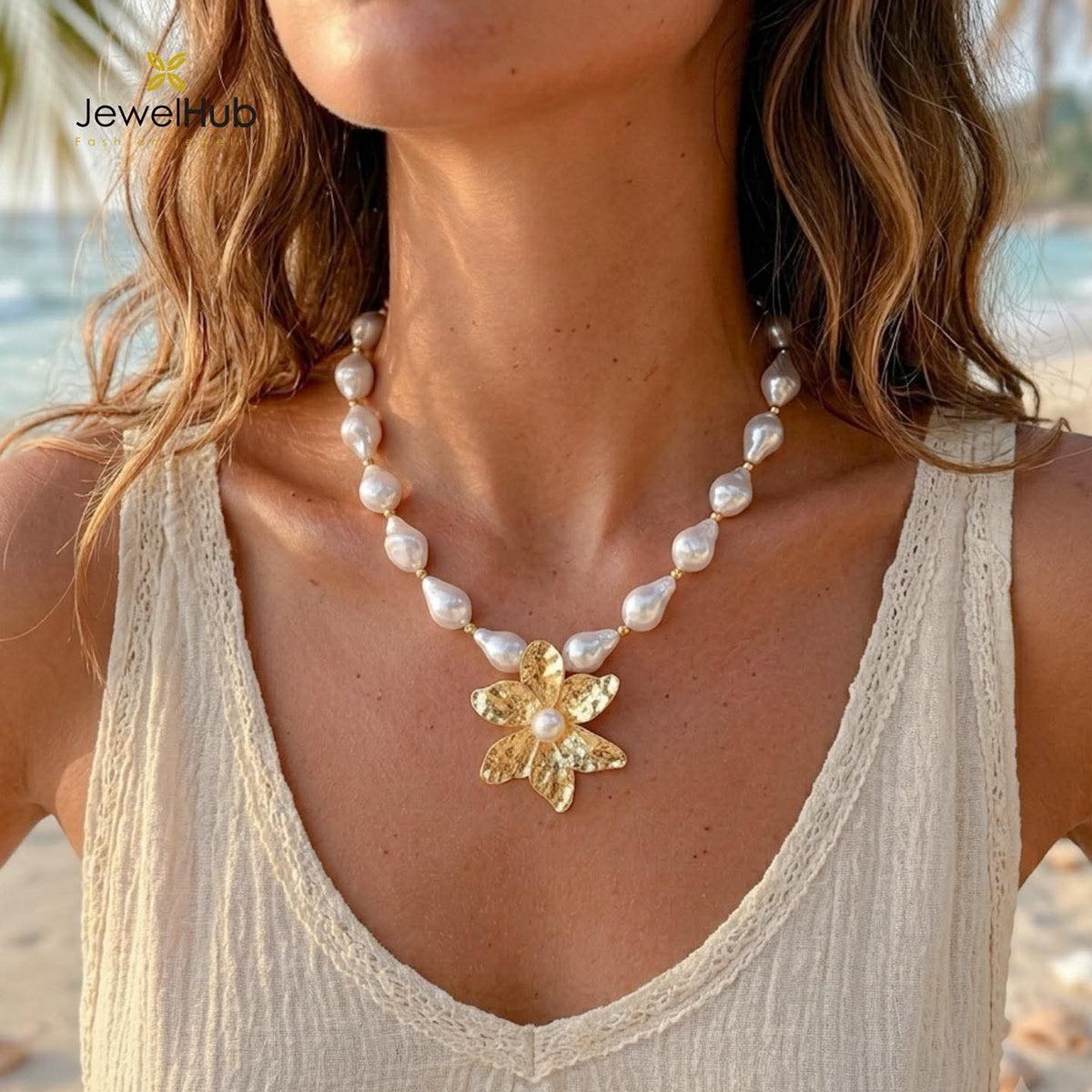 Pearl & Hammered Gold Flower Statement Necklace