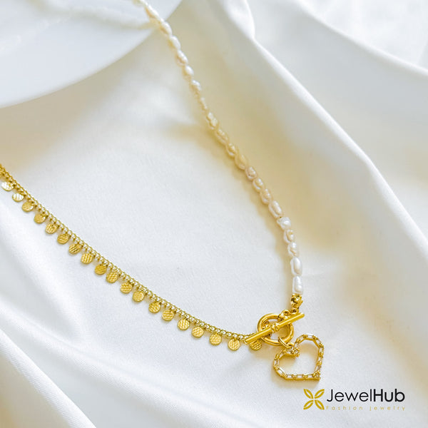 Pearl & Gold Disc Necklace with Pavé Heart