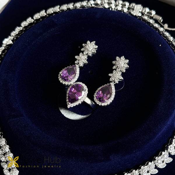 Silver-Plated Purple Pear-Cut CZ Jewelry Set – V-Shape
