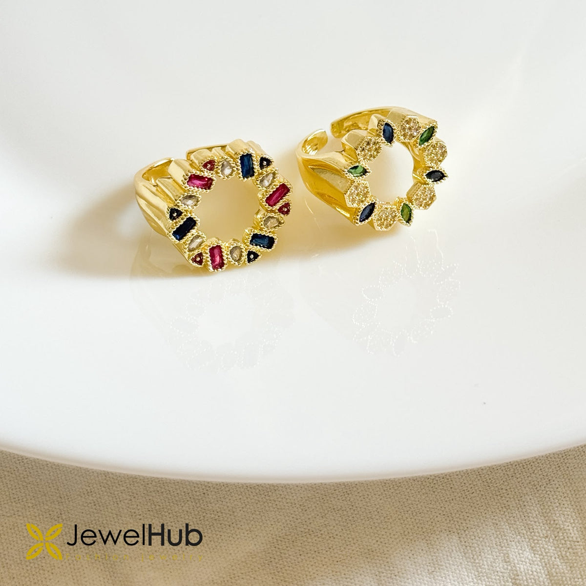 Multi-Color CZ Signet Ring Open Circle Baguette Cut Ring