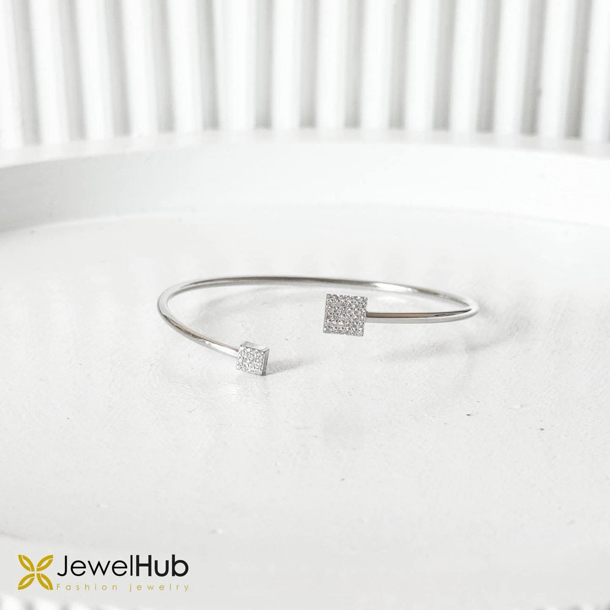 Silver Minimalist Geometric Square Pavé Open Bangle