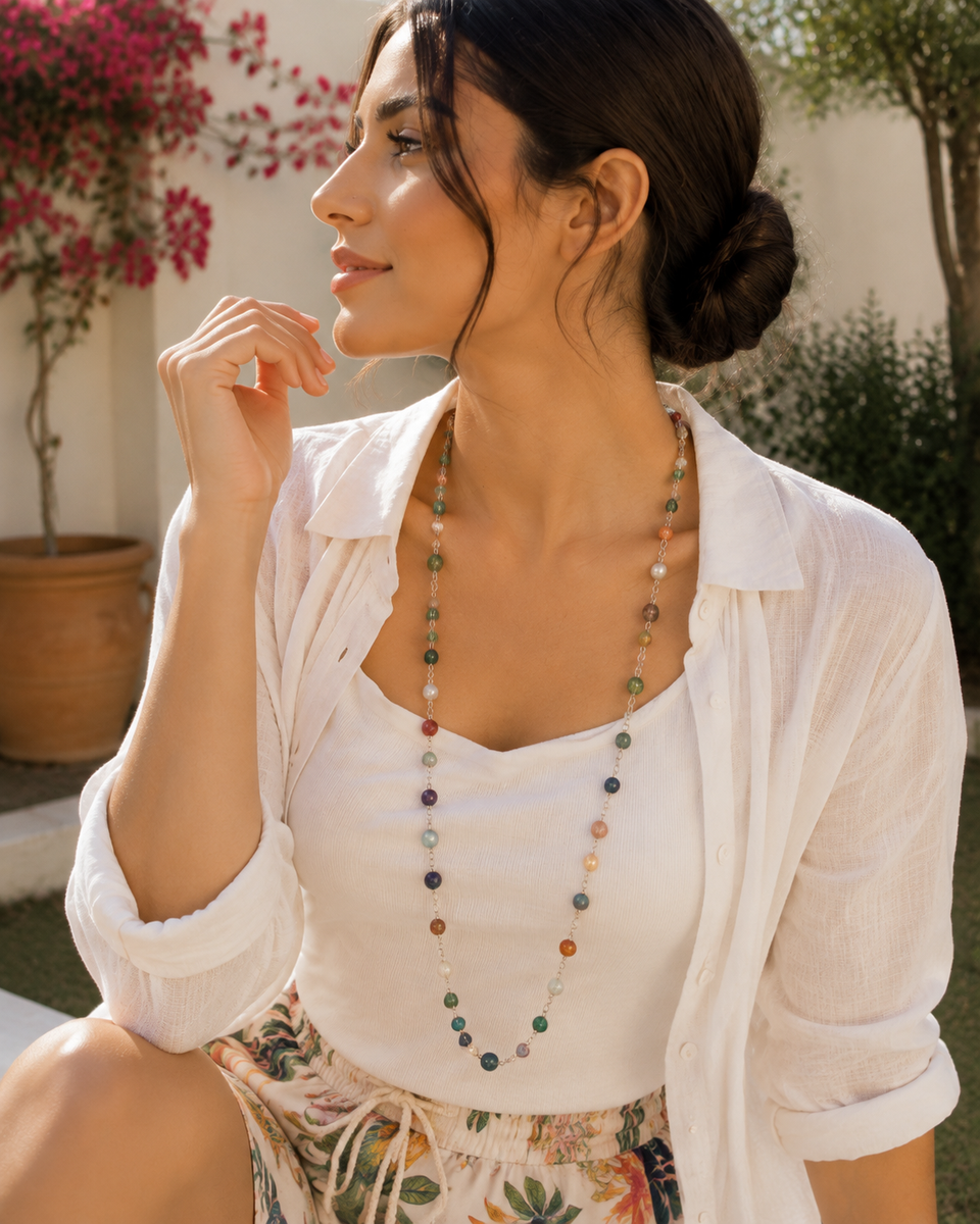 Vibrant Gemstone & Pearl Long Necklace