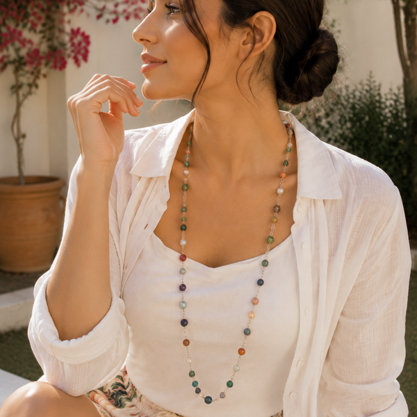 Vibrant Gemstone & Pearl Long Necklace