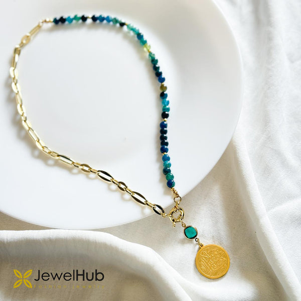 Half-Beaded Necklace – Teal Gemstone & Paperclip Chain  فصبراً جميلاً