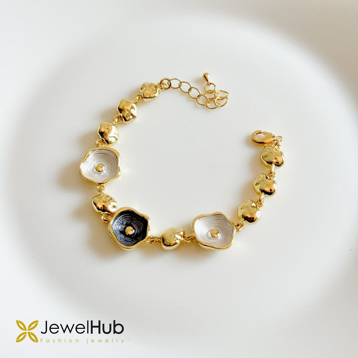 Gold Black & White Organic Flower Station Bracelet – Textured Enamel Link Bracelet