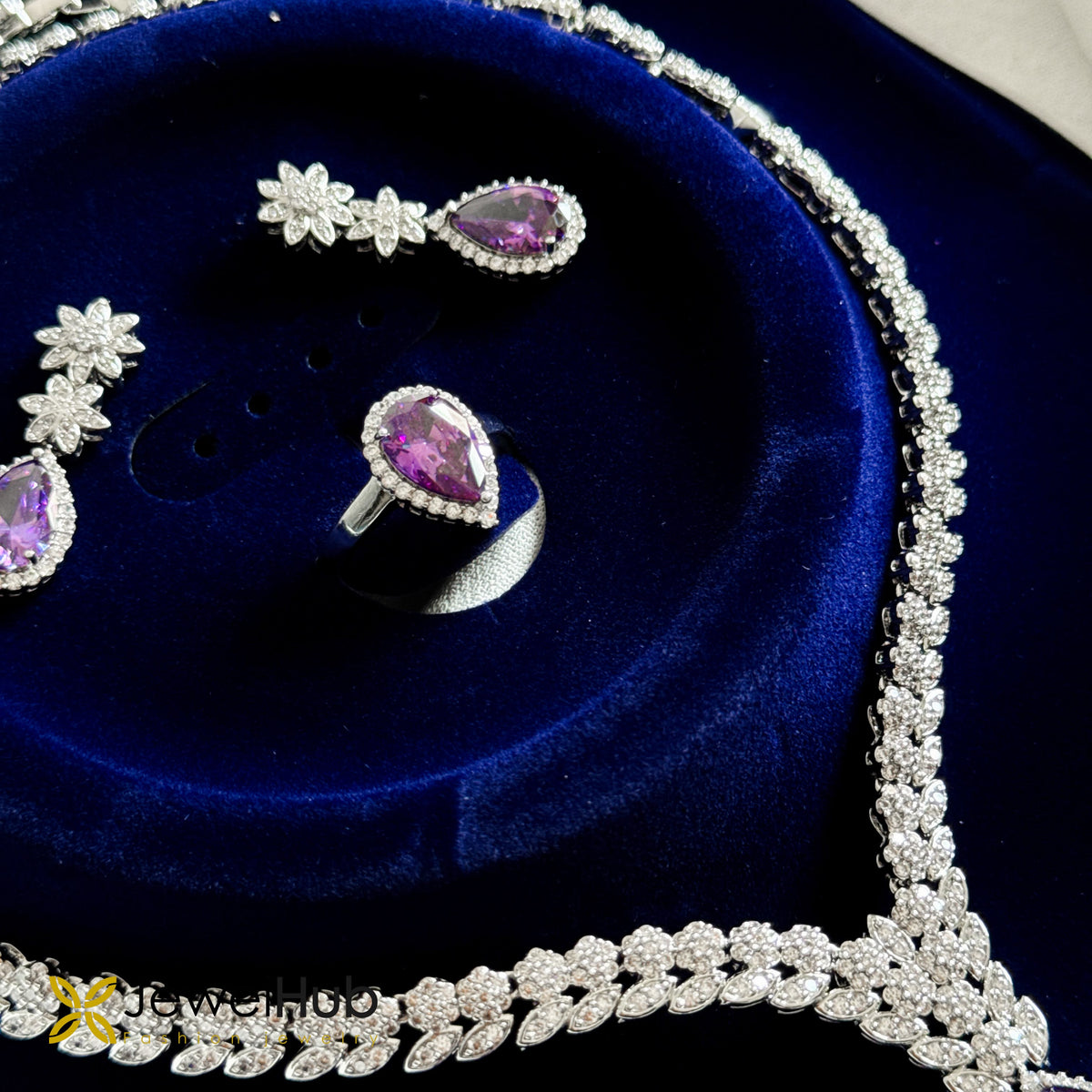 Silver-Plated Purple Pear-Cut CZ Jewelry Set – V-Shape