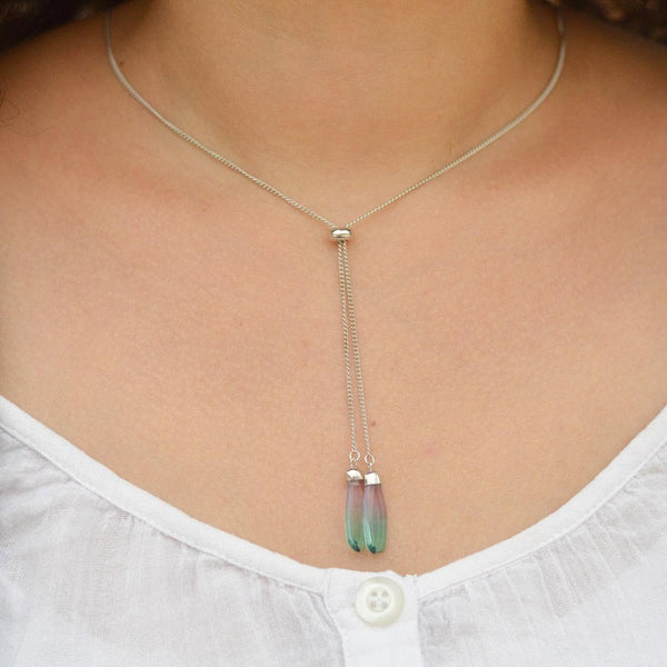 Silver Snake Chain Lariat Necklace – Bi-Color Teardrop Crystal End Accents