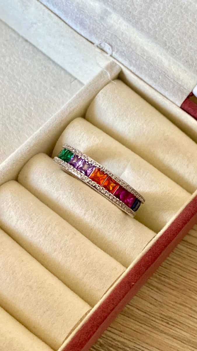 Rainbow Eternity Ring with Princess Cut Crystals