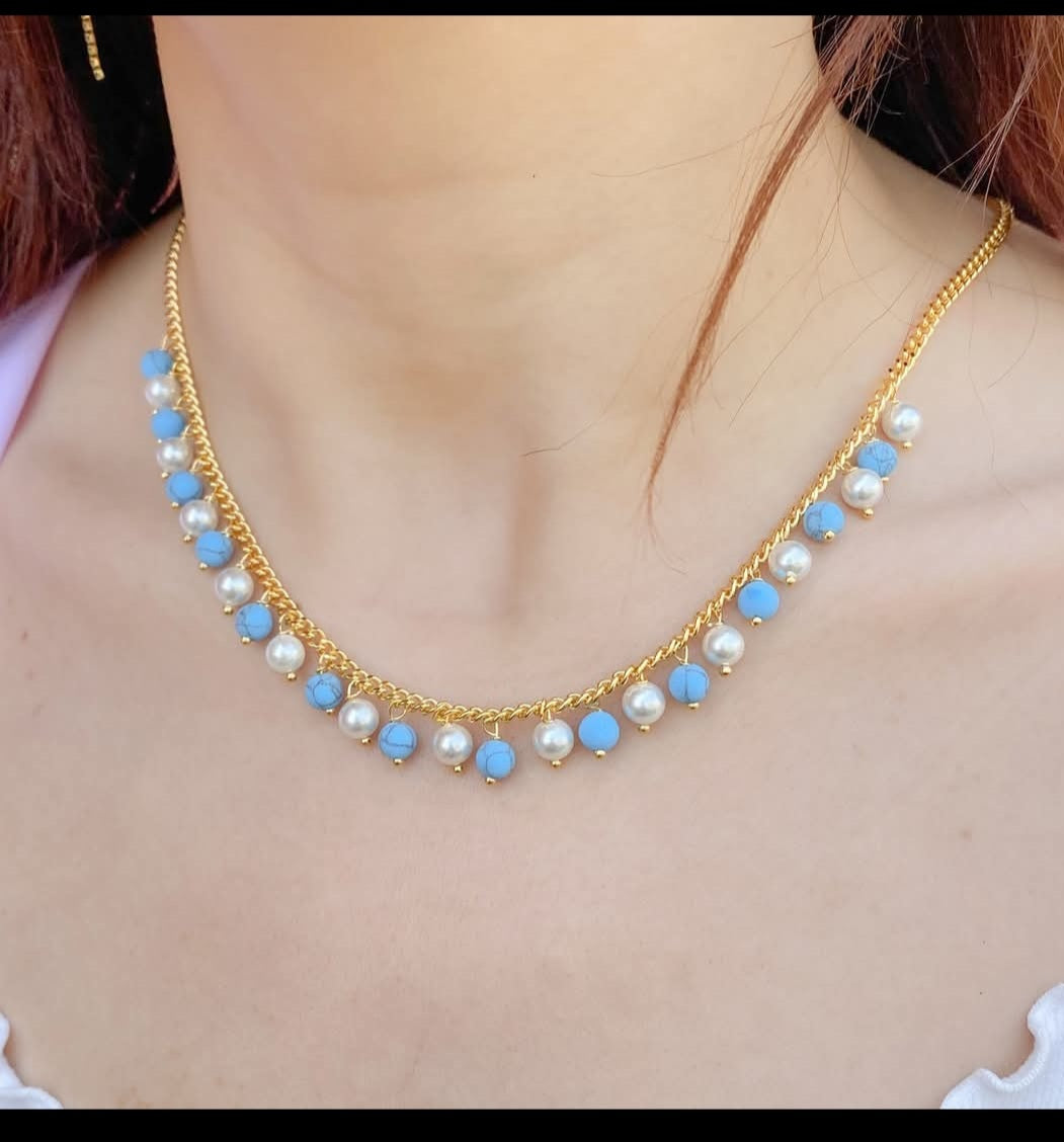Turquoise & Pearl Dangle Choker