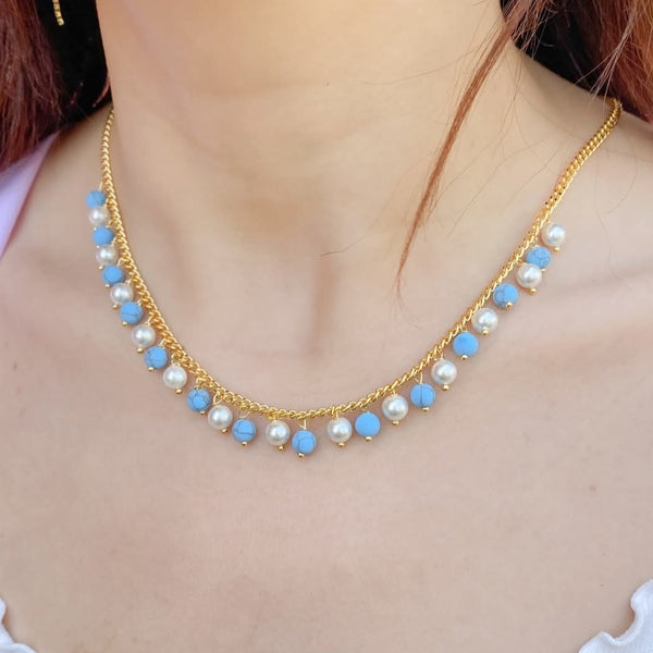 Turquoise & Pearl Dangle Choker