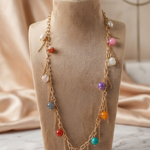 Boho Gemstone & Pearl Cascade Necklace