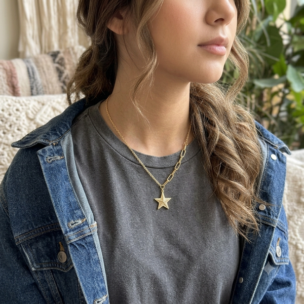 Celestial Asymmetric Paperclip Star Pendant Necklace