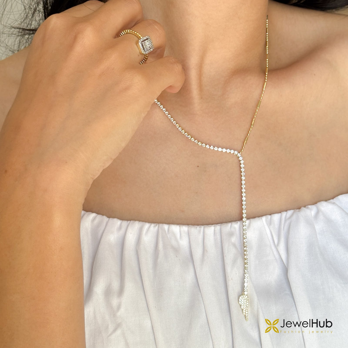 Tennis Y-Necklace CZ Crystal Pave Strand with Feather Wing Drop