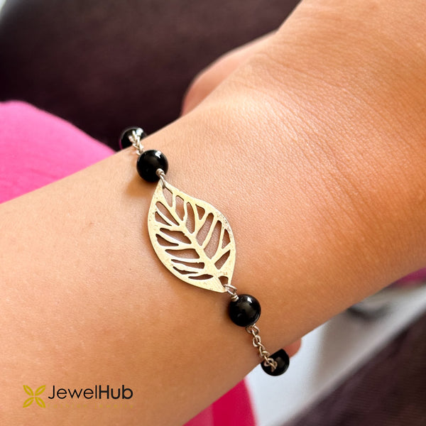 Silver Cutout Leaf & Black Bead Chain Bracelet