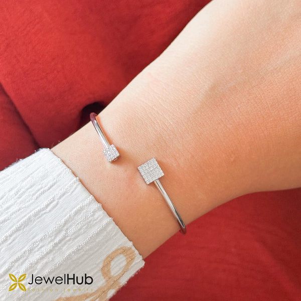 Silver Minimalist Geometric Square Pavé Open Bangle