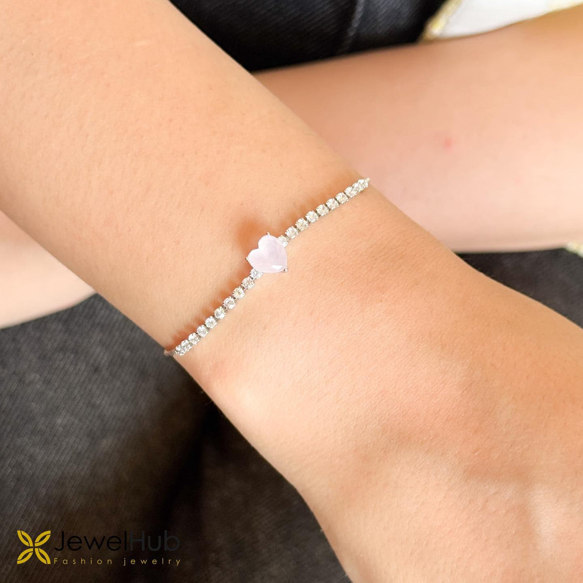 Adjustable Tennis Bracelet With Rose Quartz Heart