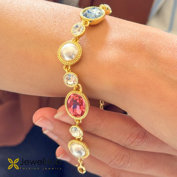 Gold Multi-Gemstone Oval Crystal Bracelet – Ruby Red, Sapphire Blue & Pearl Link Chain