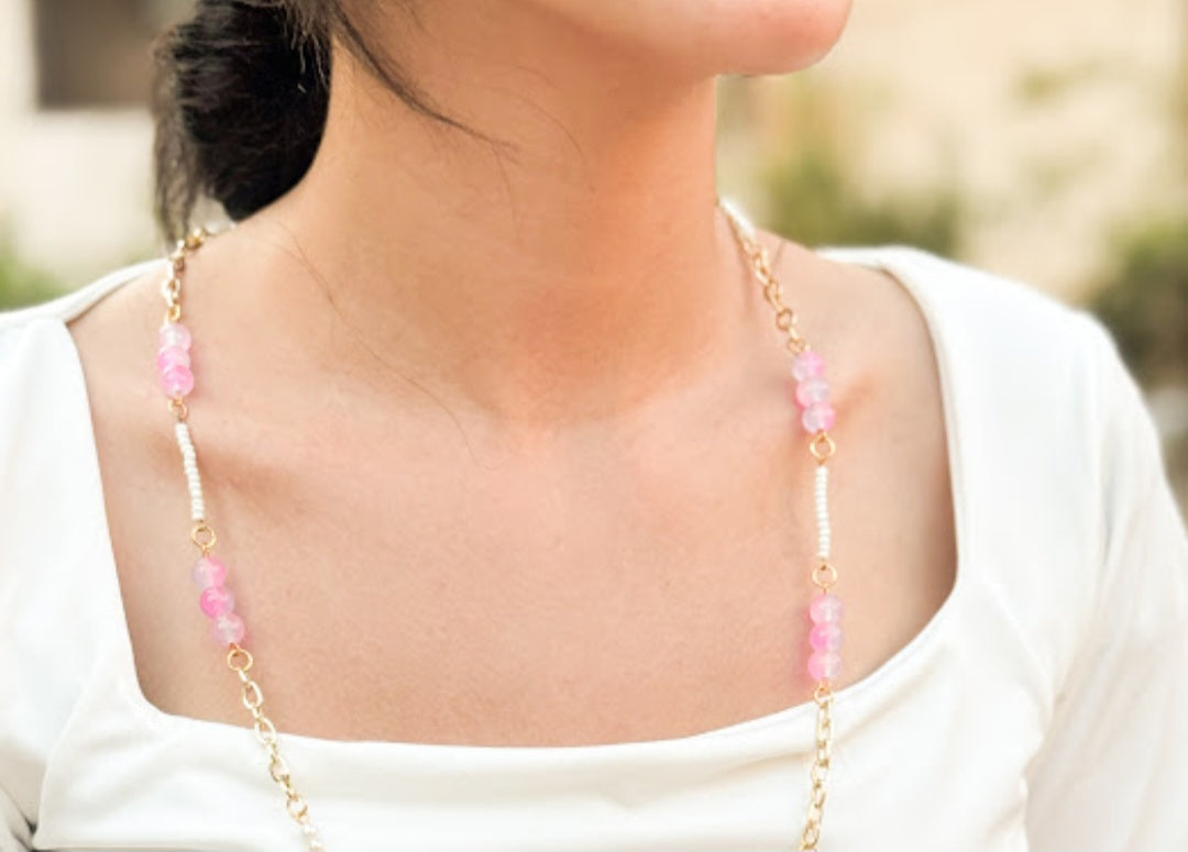 Pink Quartz & Pearl Long Station Necklace