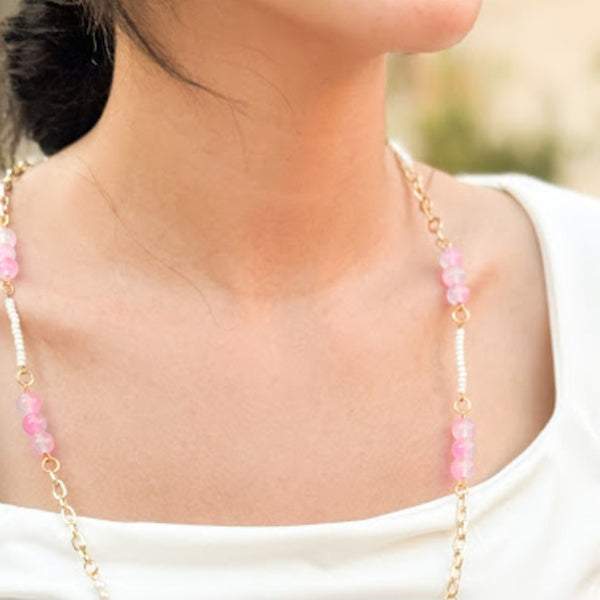 Pink Quartz & Pearl Long Station Necklace